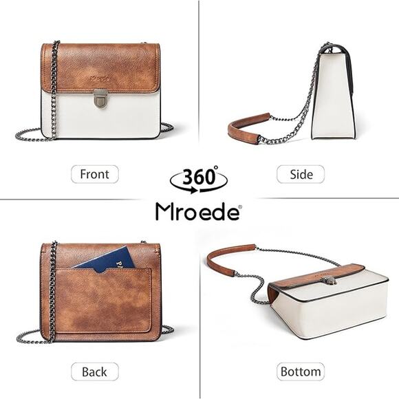 Two-Tone Crossbody Satchel – White & Brown Faux Leather w/ Chain Strap - Picture 4 of 5